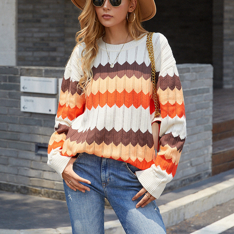 Women Pullover Knit Sweater Autumn and Winter Striped Stitching Contrast Color Sweater Women