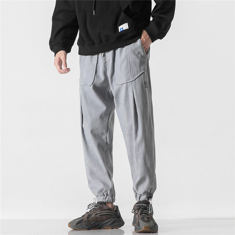 Man Fall Outfis Solid Color Drawstring Jogger Pants Loose Leisure Sports Trousers