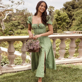 Kendall Jenner Wedding Guest Dress Floral Dress Slit One-Step Skirt Square Collar Puff Sleeve