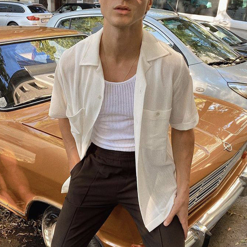 Rave Outfits Men T Shirt Drape Solid Color Shirt Slim Fit
