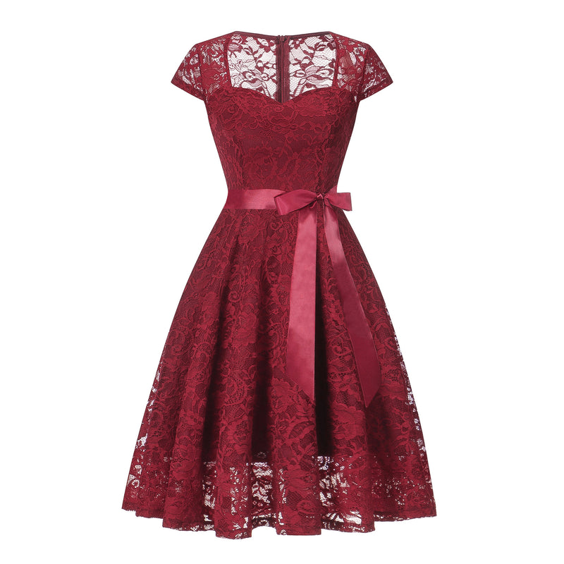 Burgundy Dress Formal Lace Patchwork Retro Slim Dress