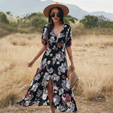 Coachella Music Festival Outfits Summer Print Short Sleeved Black Dress Beach Dress Waist Dress