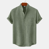 Camp Collar Shirt Short Sleeve Solid Color Cotton and Linen Shirt