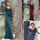 Burgundy Evening Dresses for Weddings Autumn and Winter Lace Long Sleeve Slim-Fit Sheath Dress