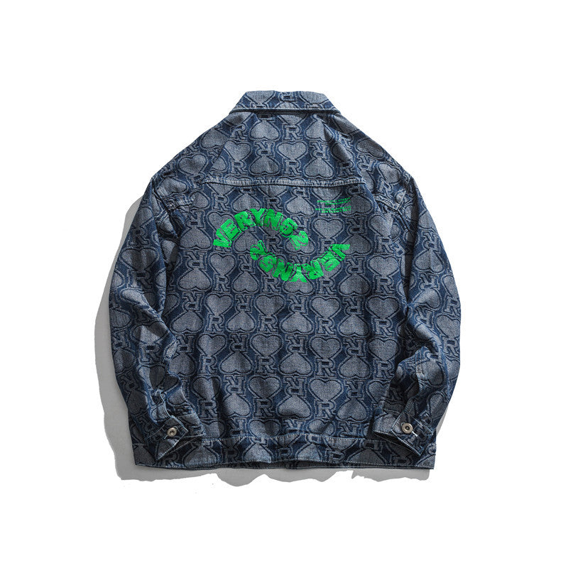 Man Fall Outfis Letter Patterned Denim Jacket Loose-Fitting Workwear Jacket