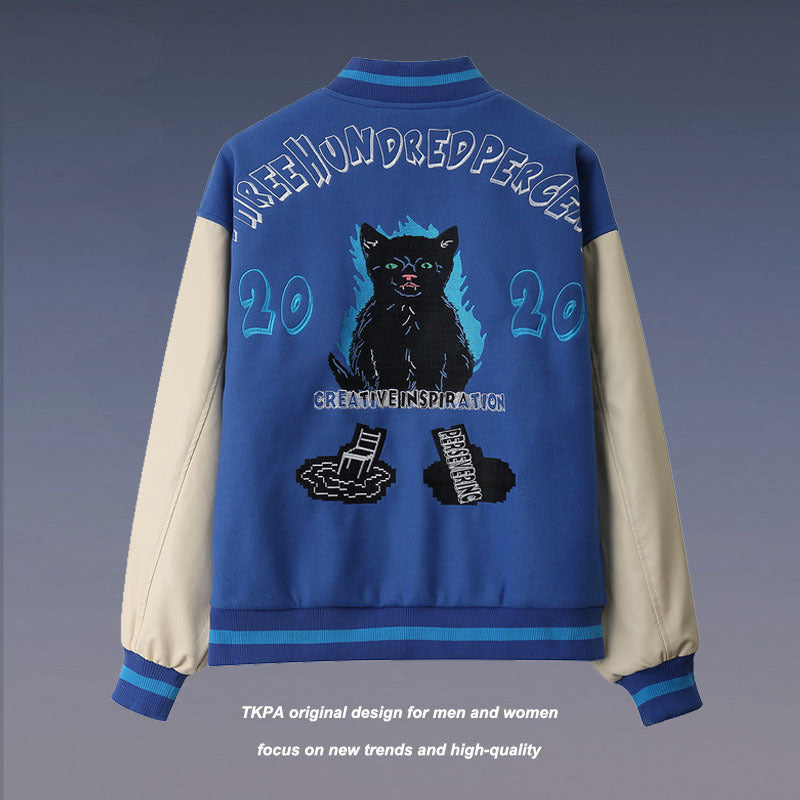 Man Fall Outfits Vintage Cartoon Embroidered Color Matching PU Leather Sleeve Baseball Uniform Jacket Coat