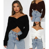 Coachella Music Festival Outfits Autumn and Winter Women's Knot Crocheted High Waist Long Sleeve Pullover Sweater