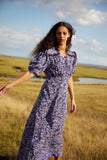 Kendall Jenner Wedding Guest Dress Retro Purple Floral Puff Sleeve Stringy Selvedge Lace-Up V-neck Waist Slimming