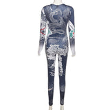 Autumn Retro Chinese Style Printed High Waist Tight Sports Jumpsuit