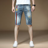 Men Denim Shorts Summer Thin Slim Cropped Pants Ripped Eagle Head Embroidery