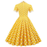 Regency Dress Royal Court Style Fresh Trim Contrast Color Turtleneck Yellow with Polka Dots Mid-Length Large Swing
