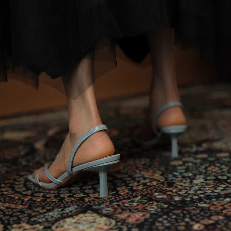 Nude Low Block Heel Square Toe Ankle-Strap Stilettos Clip Toe