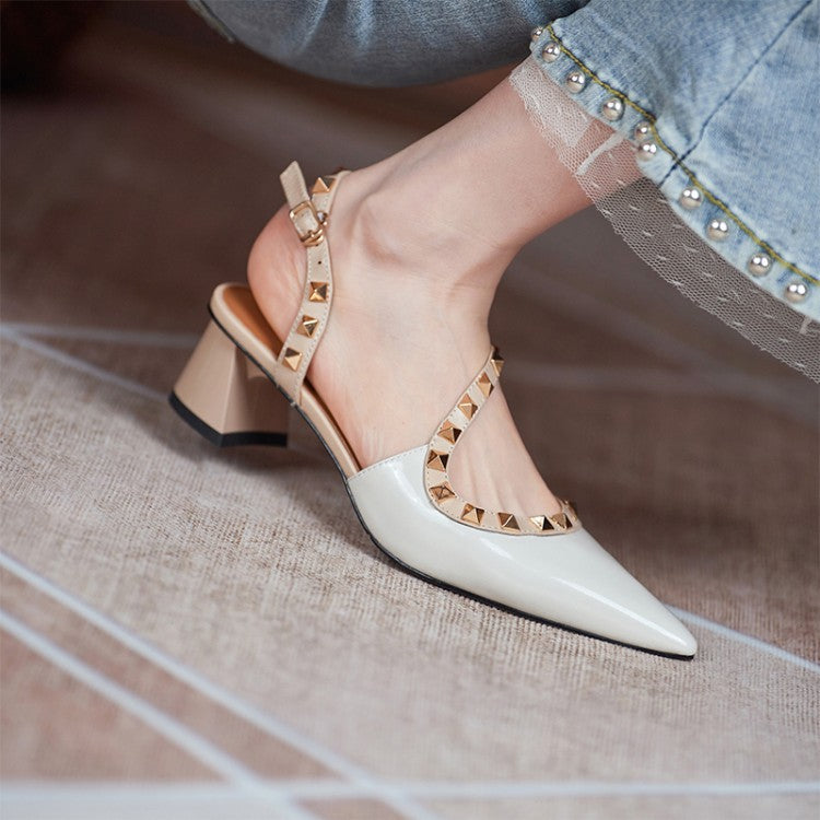 Nude Low Block Heel Rivet Patent Leather Mid Heel Sexy Pointed Toe