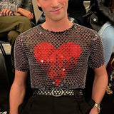 Rave Outfits Men T Shirt Love Heart Sequins round Neck Printing