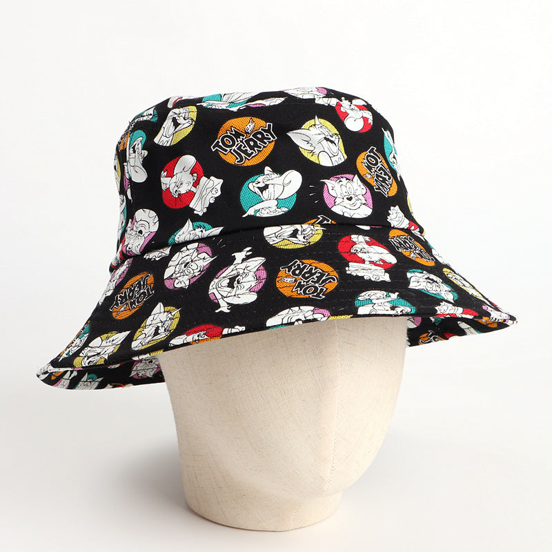 Bucket Hat Fishing Cap Cotton Print Fisherman Hat Cat and Mouse Cartoon Printed Sun Hat