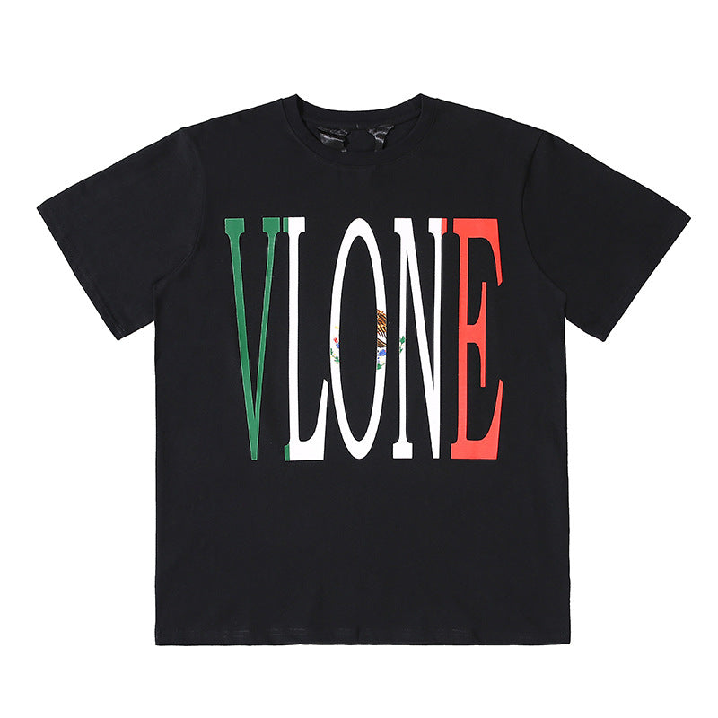 Vlone Mexico Shirt Summer Large V-Shaped Short Sleeve Men And Women Loose Casual