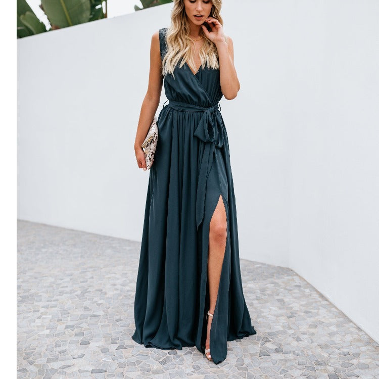 Emerald Green Dress Solid Color and V-neck Sleeveless Dress Mid Waist