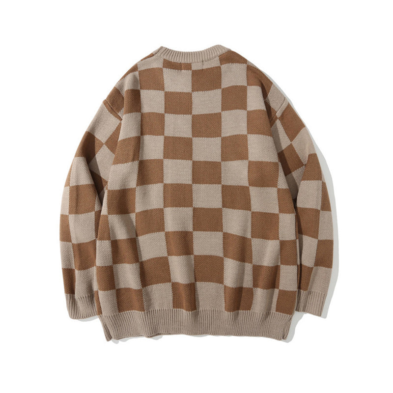 Men Sweater Plaid Sweater Men's Loose round Neck Sweater Trendy Brand Pullover