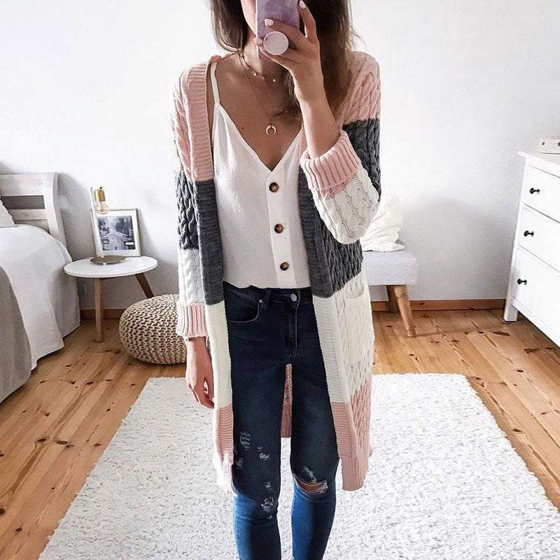 Women's Cardigan Knit Sweater Autumn and Winter Striped Stitching Contrast Color Cardigan Sweater for Women