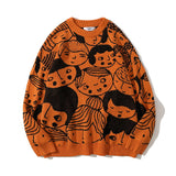Men Sweater Cartoon Jacquard round Neck Sweater Men Harajuku Style Trendy Brand round Neck Sweater Autumn