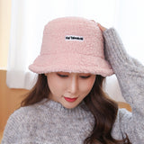 Women Bucket Hat Lamb Fur Fisherman Letter Basin Hat