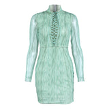 Emerald Green Dress Turtleneck Hollow out Strap Printed Chiffon Long Sleeve