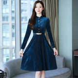 Blue Velvet Dress Pleuche Long Sleeve