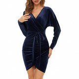 Long Sleeve Burgundy Dress Formal Autumn and Winter V-neck Slim Fit Sexy Tight