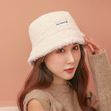 Women Bucket Hat Lamb Wool Bucket Hat Warm Letters