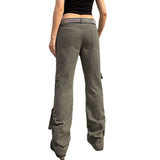 Julia Fox Low Rise Jeans Side Pleating Cool Strap Irregular Straight-Leg Pants Multi-Pocket Flanging Versatile