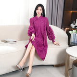 MIDI Mauve Wrap Dress Women's Embroidered Dress Autumn and Winter Pullover Loose Large Size Solid Color Skirt
