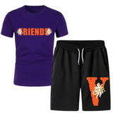 Vlone T Shirts & Shorts 2 Piece Set Short Sleeve T-Shirt Summer Loose Print T-Shirt