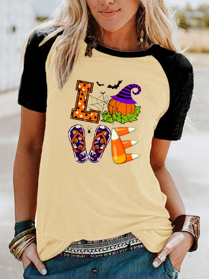 Halloween Costumes Love Pattern Printed Raglan Contrast Color Short Sleeve T-shirt