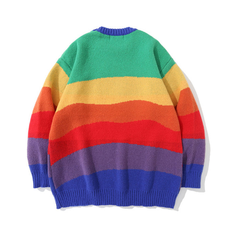 Men Sweater Bear Embroidery Rainbow Striped Knitwear Men's Pullover