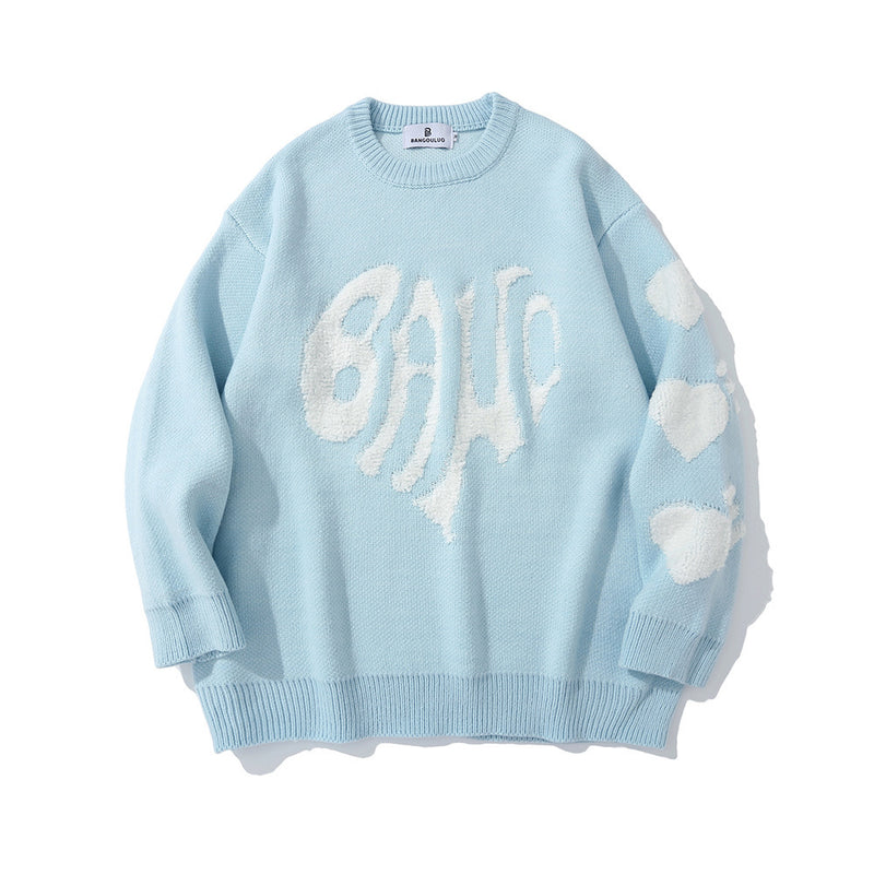 Men Sweater Idle Style Towel Embroidery Love Sweater Men's Loose round Neck Sweater Pullover Top