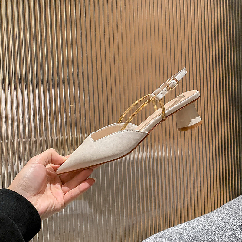 Nude Low Block Heel Toe Cap Pointed Buckle Mid-Heel