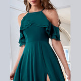 Emerald Green Dress Solid Color Elegant Chiffon Split Large Swing Dress