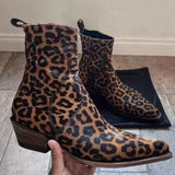 Western Shoes Side Zipper Pull-on Boots Pointed Toe Men's Leopard Print Booties