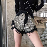 Women Jean Shorts Side with Spikes Denim Shorts Loose Hole High Waist Jeans