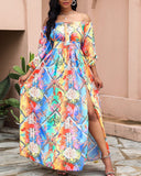Long Homecoming Dresses Printed Dress V-neck Pullover Vintage Long Sleeve Big Hem