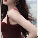 Long Sleeve Burgundy Dress Formal Vintage Burgundy Velvet Slim Fit Camisole Gown Dress