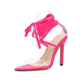 Hot Pink Heels Spring Fluorescent Color Cross Lace-up High-Heeled Sandals