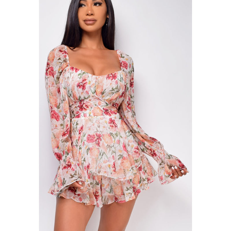 Coachella Music Festival Outfits Floral Women's Sexy Backless Square Collar Long Sleeve Shorts