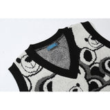 Men Sweater Cartoon Bear Jacquard Knitted Vest Outer Wear Men's Loose V-neck