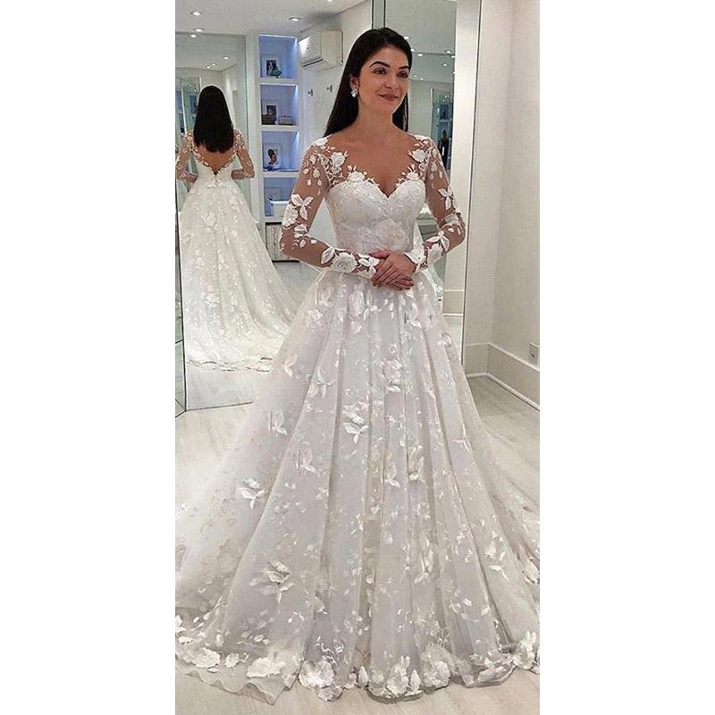 See through Wedding Dress Women's Dress Deep V Long Sleeve Formal Dress