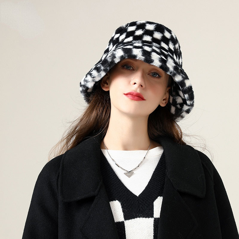Vintage Check Bucket Hat Plush Warm Hat Imitation Rabbit Fur