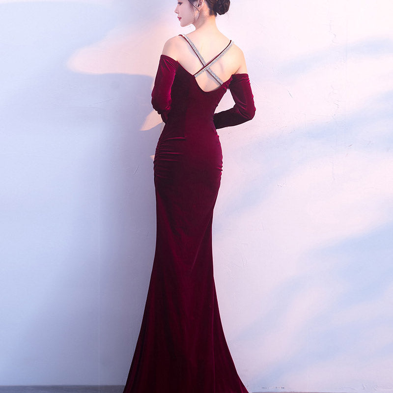 Burgundy Dress Formal Evening Dress Fashionable Elegant Long Style Long Sleeve