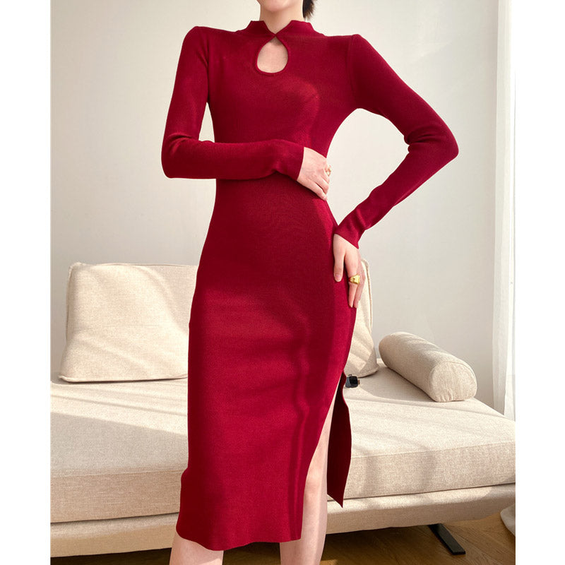Long Sleeve Burgundy Dress Formal Dress Split Sheath Overknee Skirt