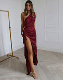 Kendall Jenner Wedding Guest Dress Satin Slant Shoulder Slit Irregular Sexy
