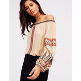 Beth Dutton Bohemian Dress Summer Spring Midi Dress Independent Station Ebay2018 Summer Foreign Trade European and American Bohemian Word Collar Machine Embroidery Blouse